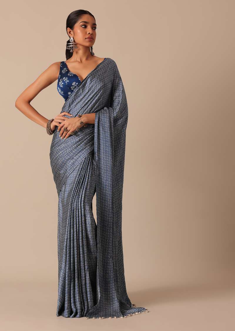 Blue Printed Saree In Satin With Unstitched Blouse Piece