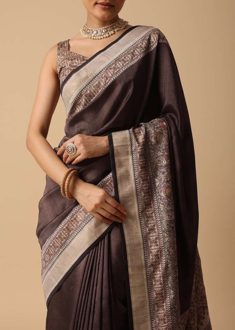 Brown Kalamkari Work Saree In Silk Fabric And Unstitched Blouse