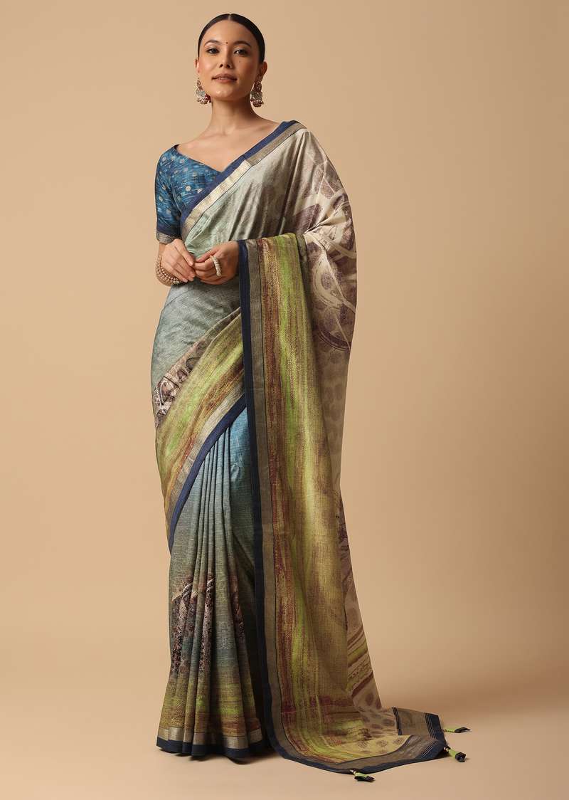 Green Saree in Silk With Floral Prints And Unstitched Blouse
