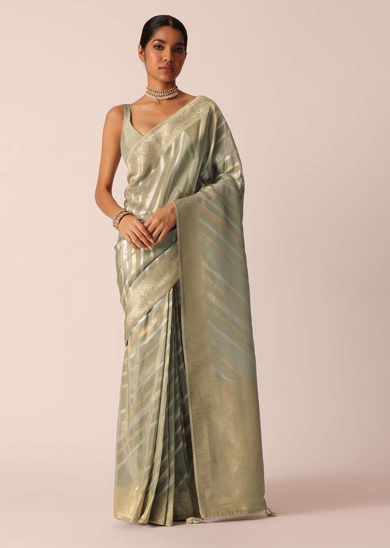 Green Saree In Silk With Diagonal Stripes Pattern And Unstitched Blouse Piece