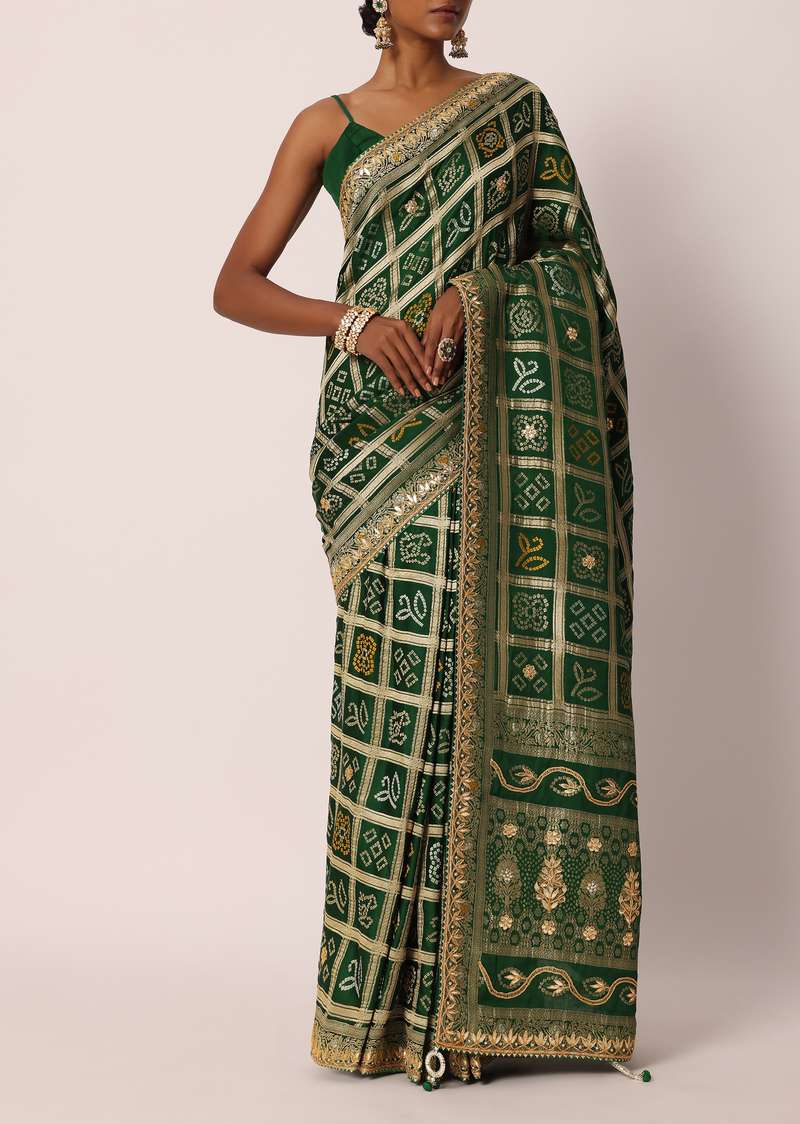 Green Silk Saree With Bandhani And Banarasi Weave And Unstitched Blouse Piece