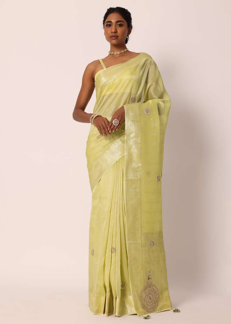 Mehendi Green Kora Silk Tissue Saree With Gota Patti Work And Unstitched Blouse Piece
