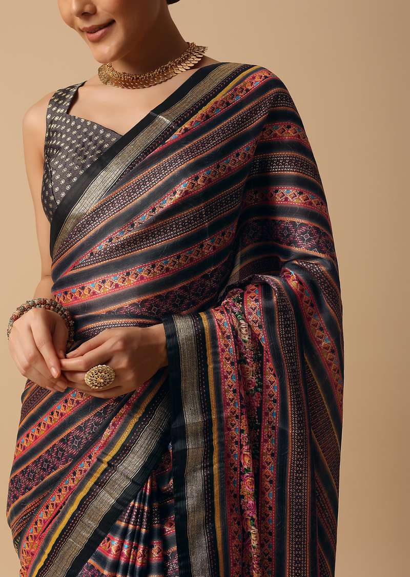 Multi Color Kalamkari Print Saree With Panel Detail And Unstitched Blouse