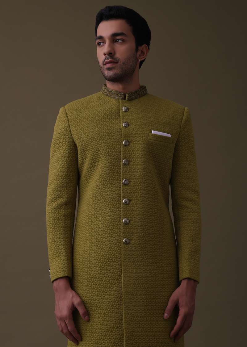 Mustard Yellow Embroidered Sherwani Set In Quilted Silk With Collar Detailing