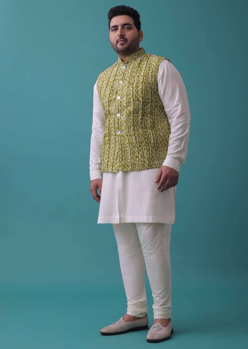 Olive Green Tussar Silk Jacket And Kurta Set With Bandhani Print