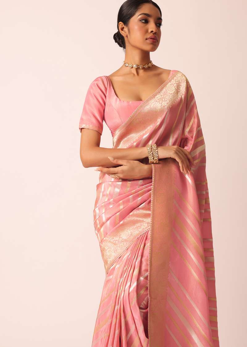 Pink Striped Tissue Silk Saree with Brocade Border Pallu And Unstitched Blouse Piece
