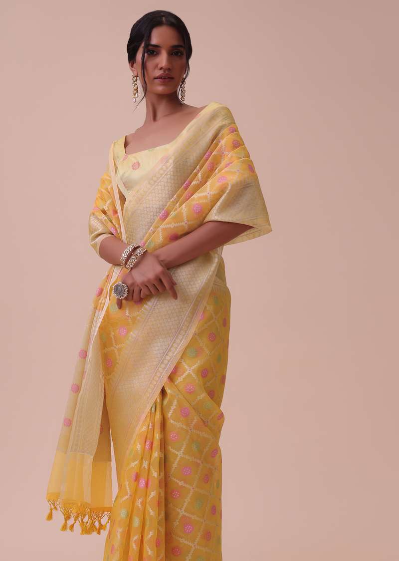 Yellow Kora Cotton Silk Saree Adorned With Meenakari Butti All over