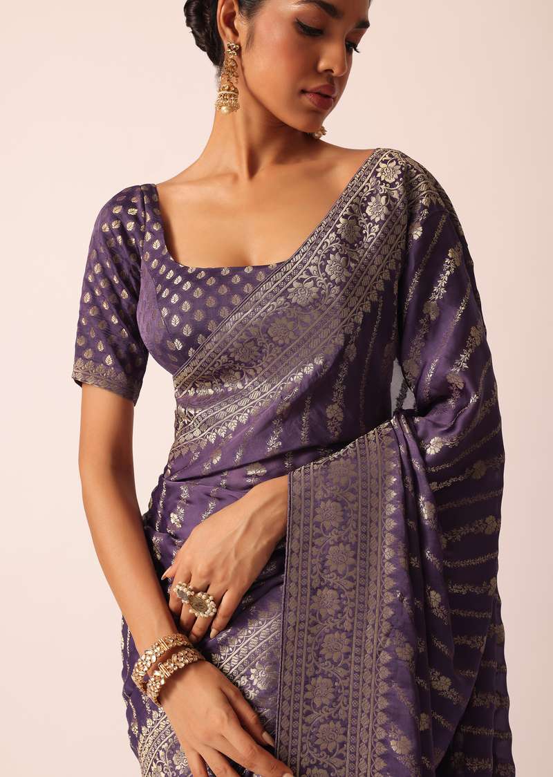 Purple Saree with Zari Diagonal Stripes And Unstitched Blouse Piece