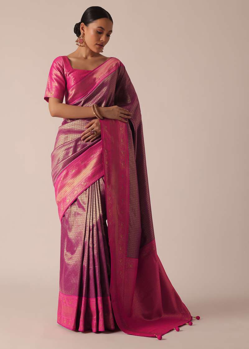 Purple Silk Saree With Brocade Weaves And Unstitched Blouse Piece