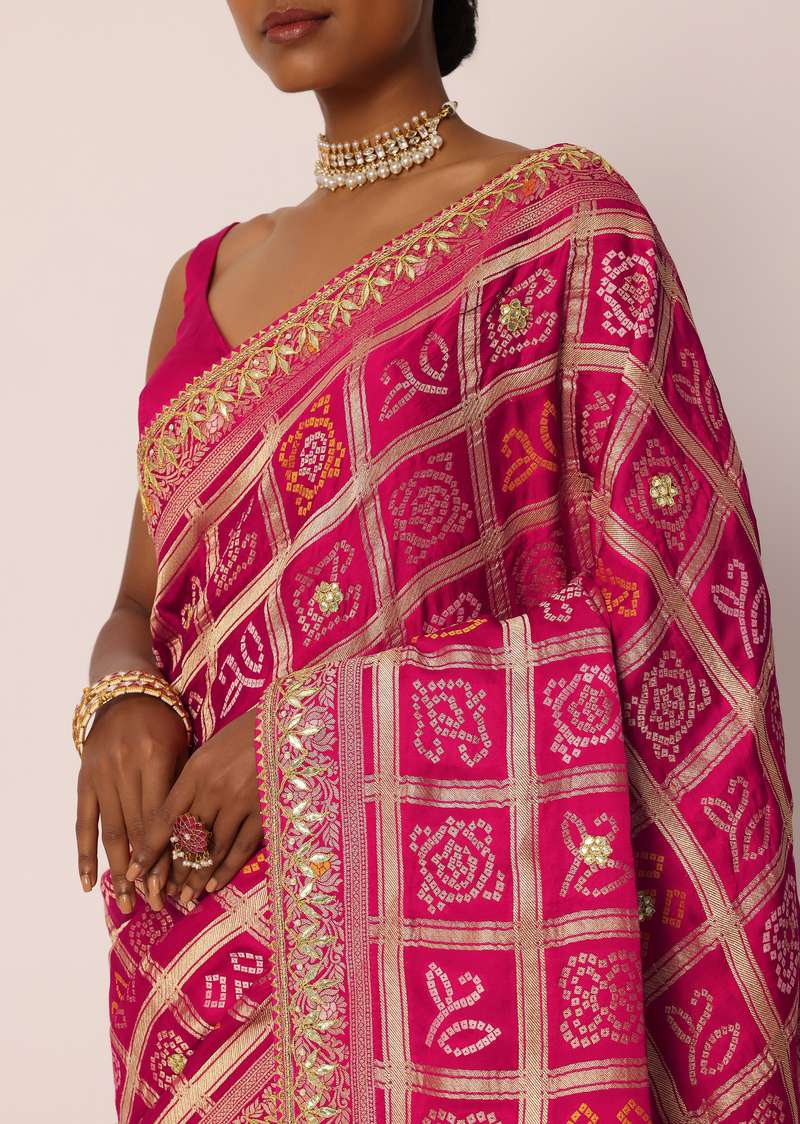 Rani Pink Satin Silk Banarasi Weave Saree With Unstitched Blouse Piece
