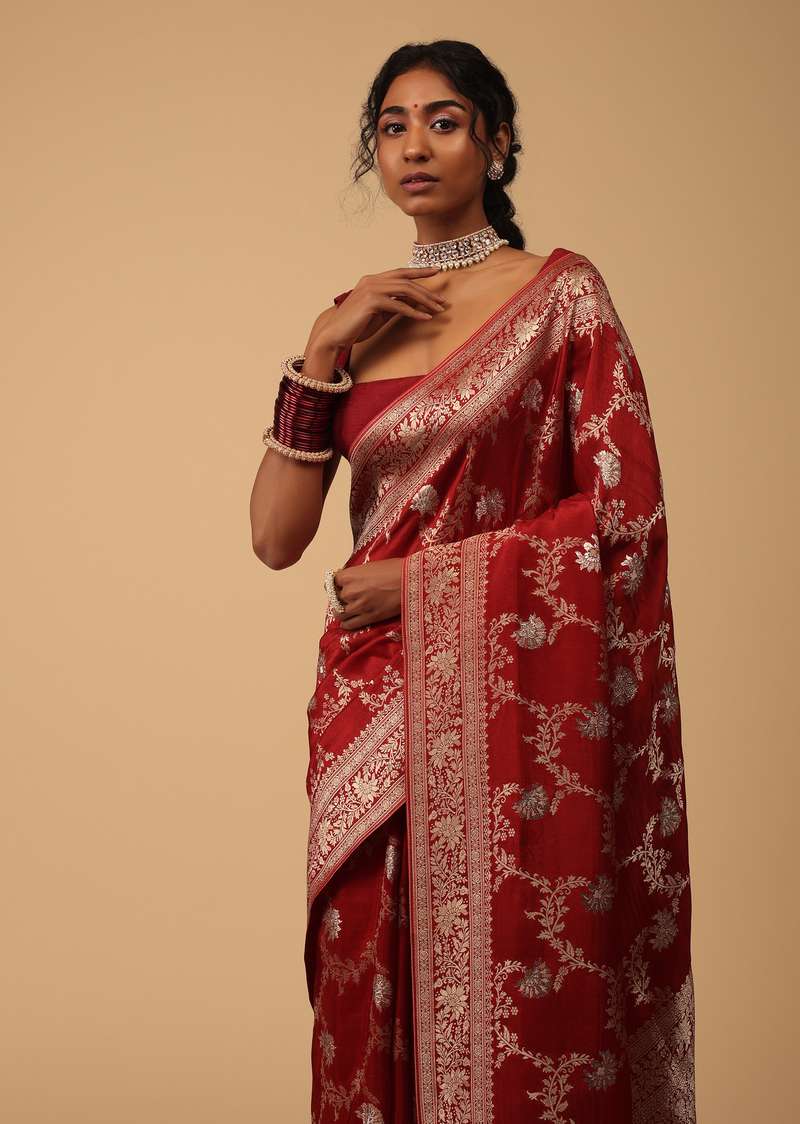 Scarlet Red Dola Silk Saree With Silver And Gold Jaal Pattern