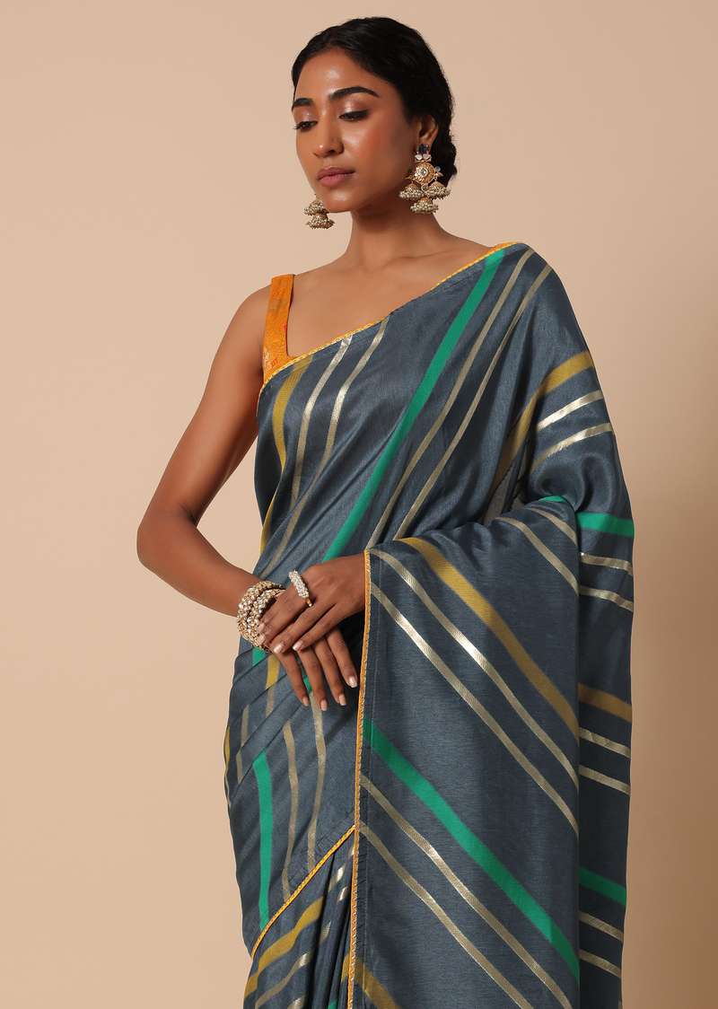 Grey Silk Saree With Diagonal Lurex Zari Stripes And Contrast Unstitched Blouse Piece