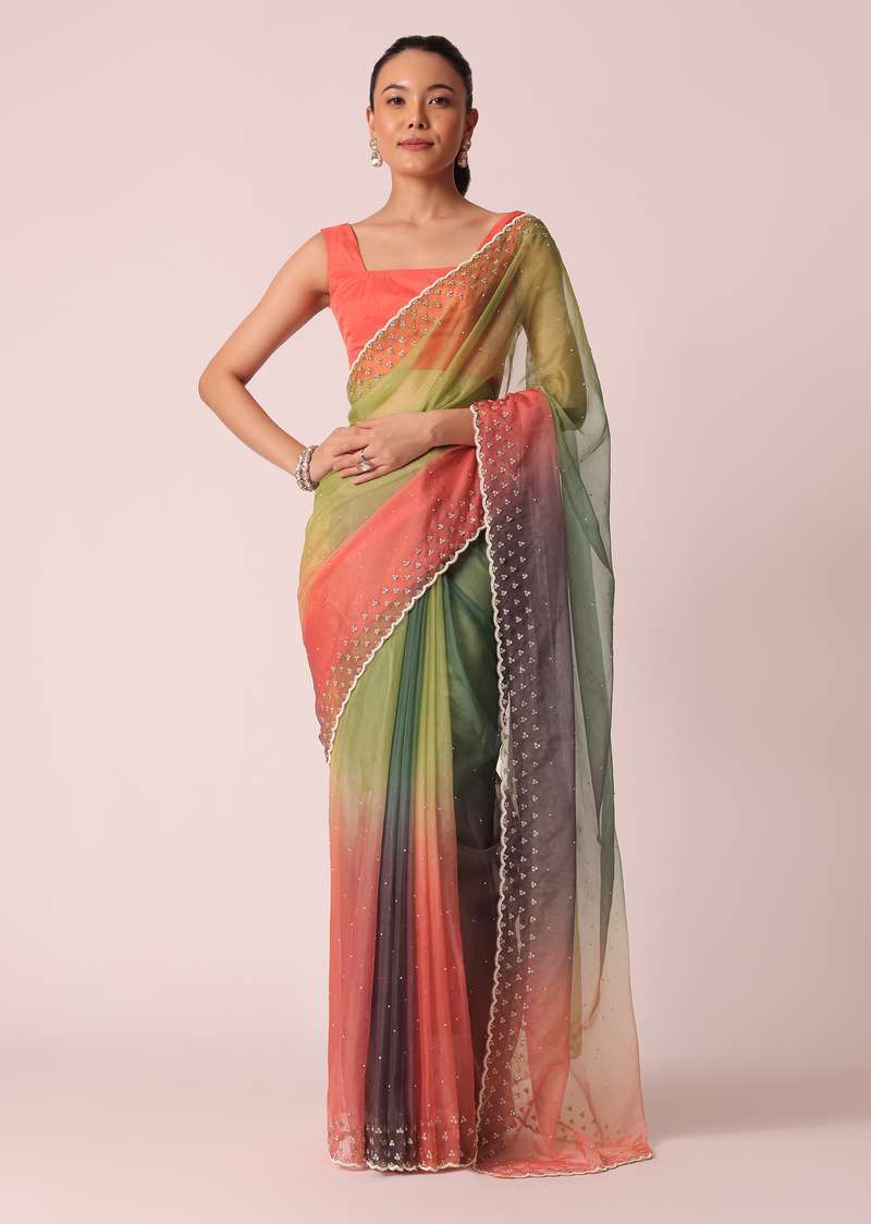 Multicolor Organza Saree With Cutdana Work And Unstitched Blouse Piece