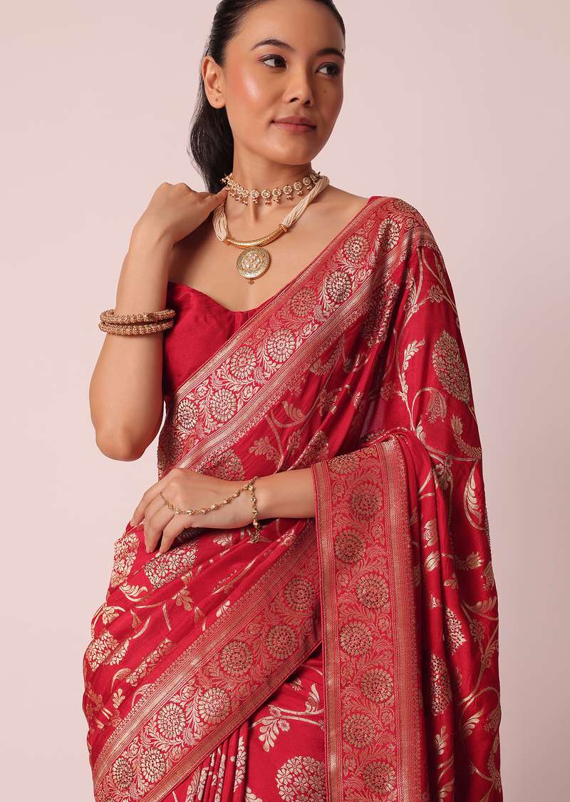 Red Saree in Dola Silk With Floral Weave And Unstitched Blouse Piece