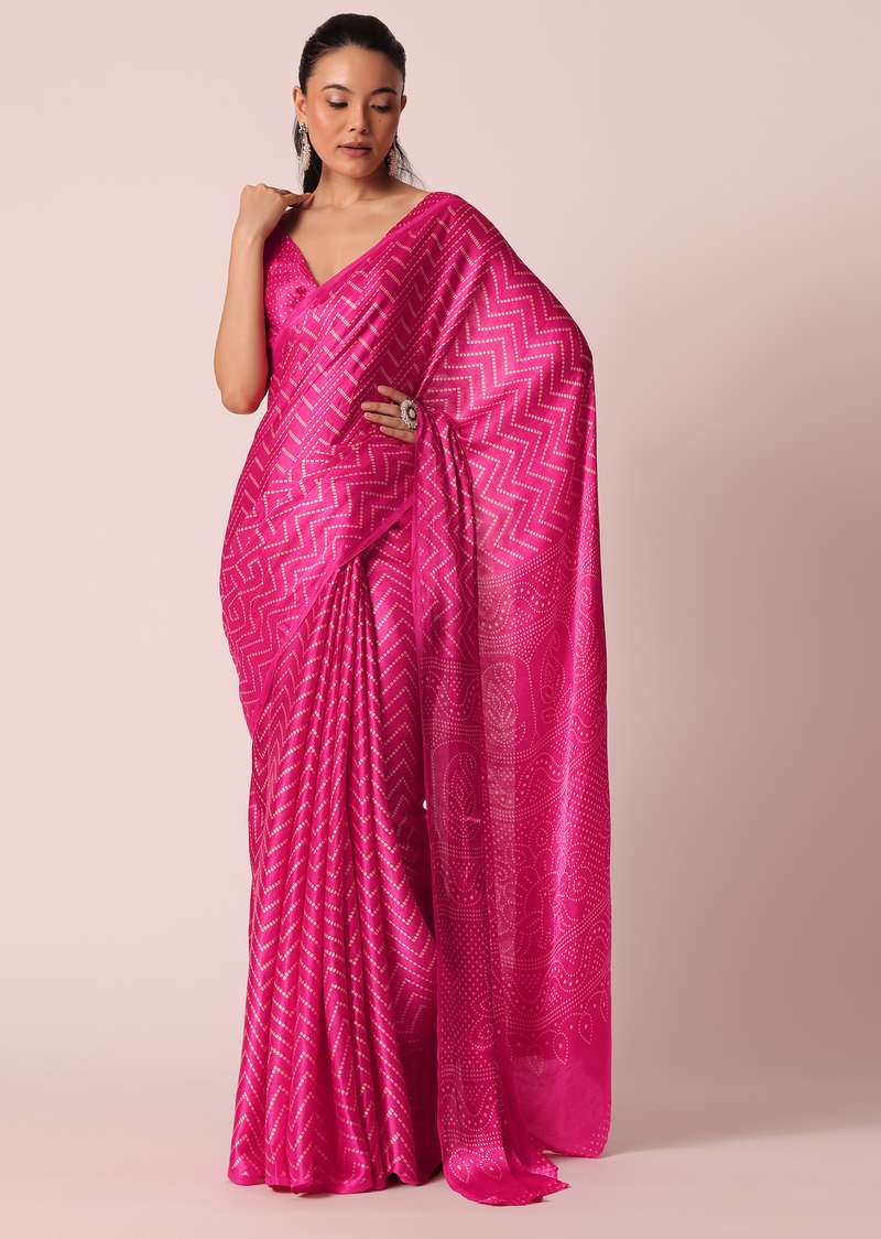 Pink Satin Bandhani Saree With Unstitched Blouse Piece