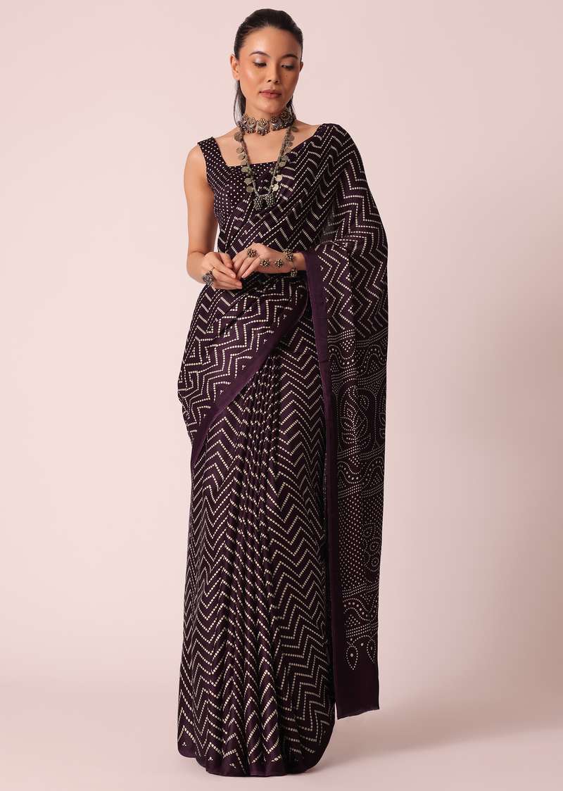 Wine Bandhani Satin Saree With Printed Detail And Unstitched Blouse Piece
