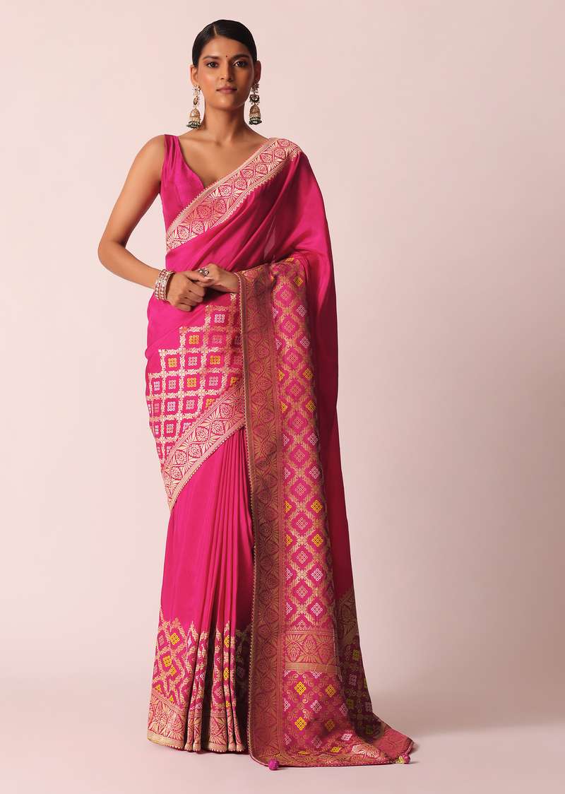 Rani Pink Silk Saree With Bandhani Detail And Unstitched Blouse Piece
