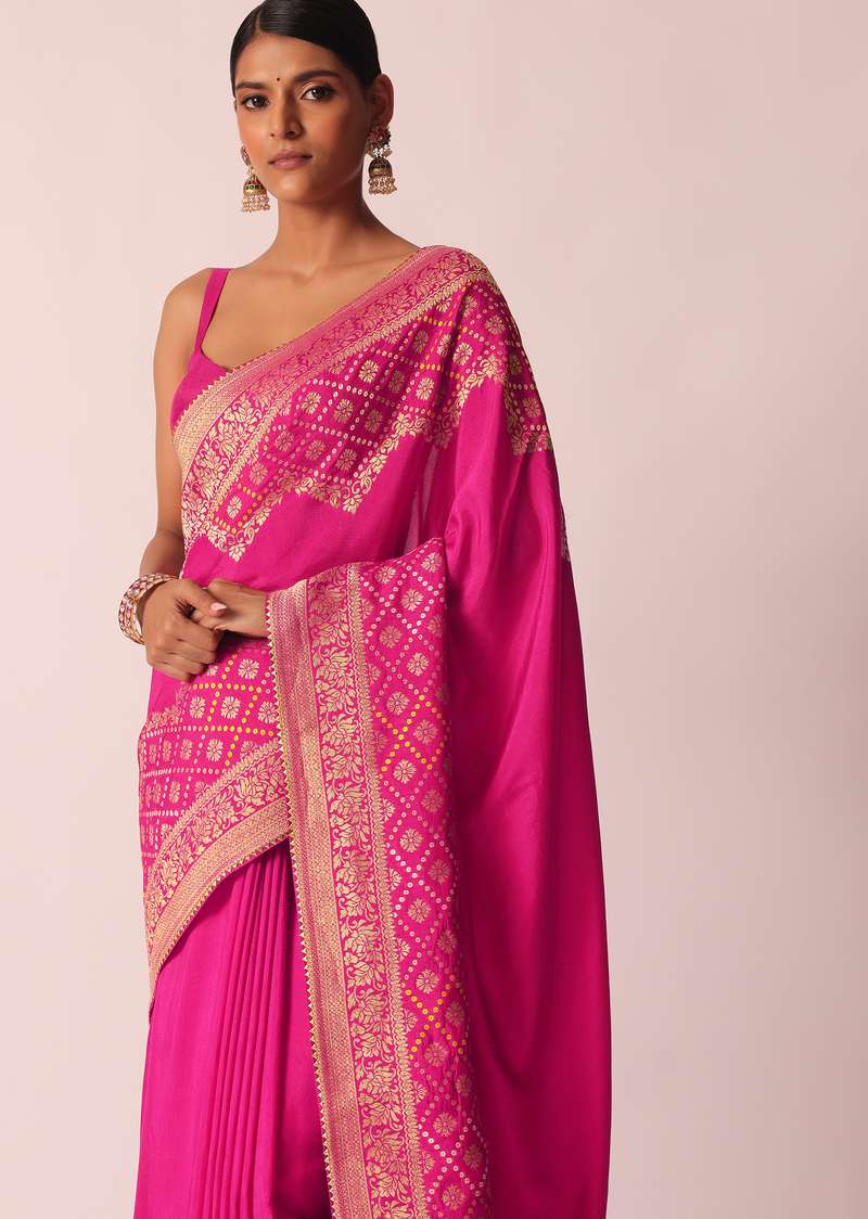 Pink Woven Saree In Silk With Bandhani Motifs And Unstitched Blouse Piece