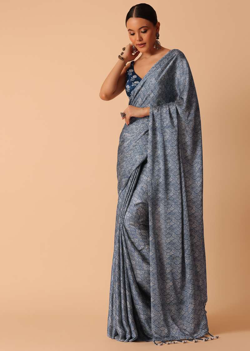 Blue Printed Saree With Tassel Pallu And Unstitched Blouse Piece