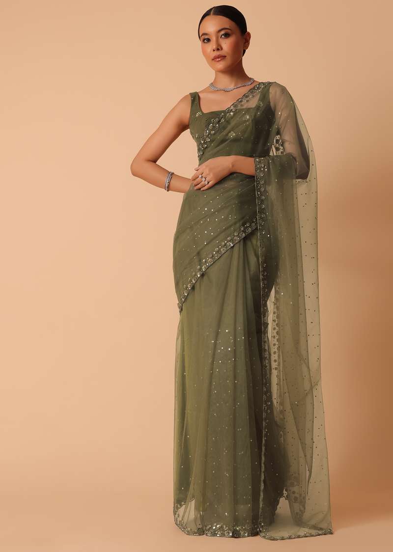 Green Net Saree With Sequin Work And Unstitched Blouse Piece