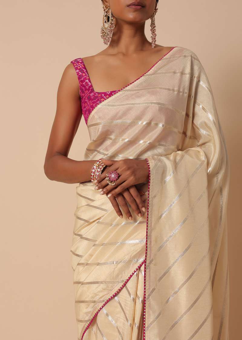 Beige Dola Silk Saree With Lurex Zari Stripes And Contrast Unstitched Blouse Piece
