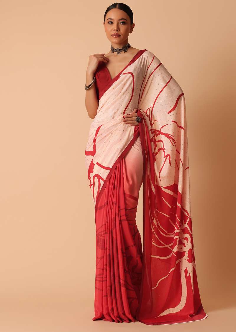 Red Dual Shaded Printed Satin Saree With Unstitched Blouse Piece