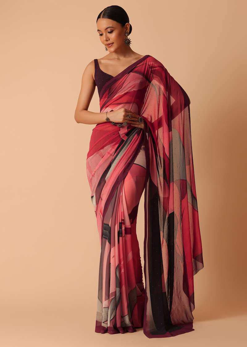 Multicolor Abstract Print Saree In Satin Crepe With Unstitched Blouse Piece