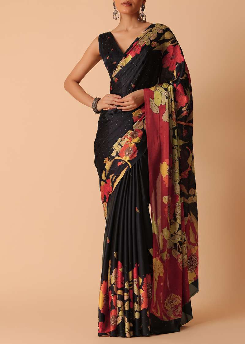 Black Floral Printed Satin Saree With Unstitched Blouse Piece