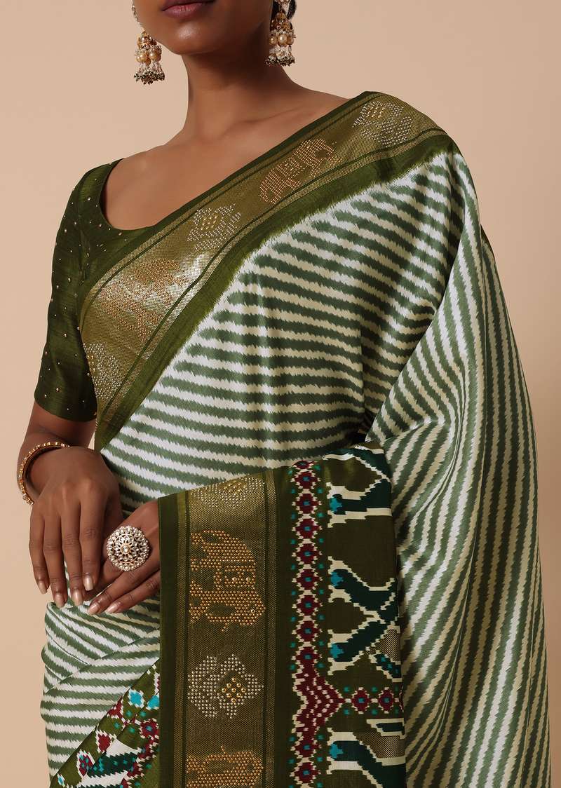 Green Silk Printed Saree With Patola Detail And Unstitched Blouse Piece