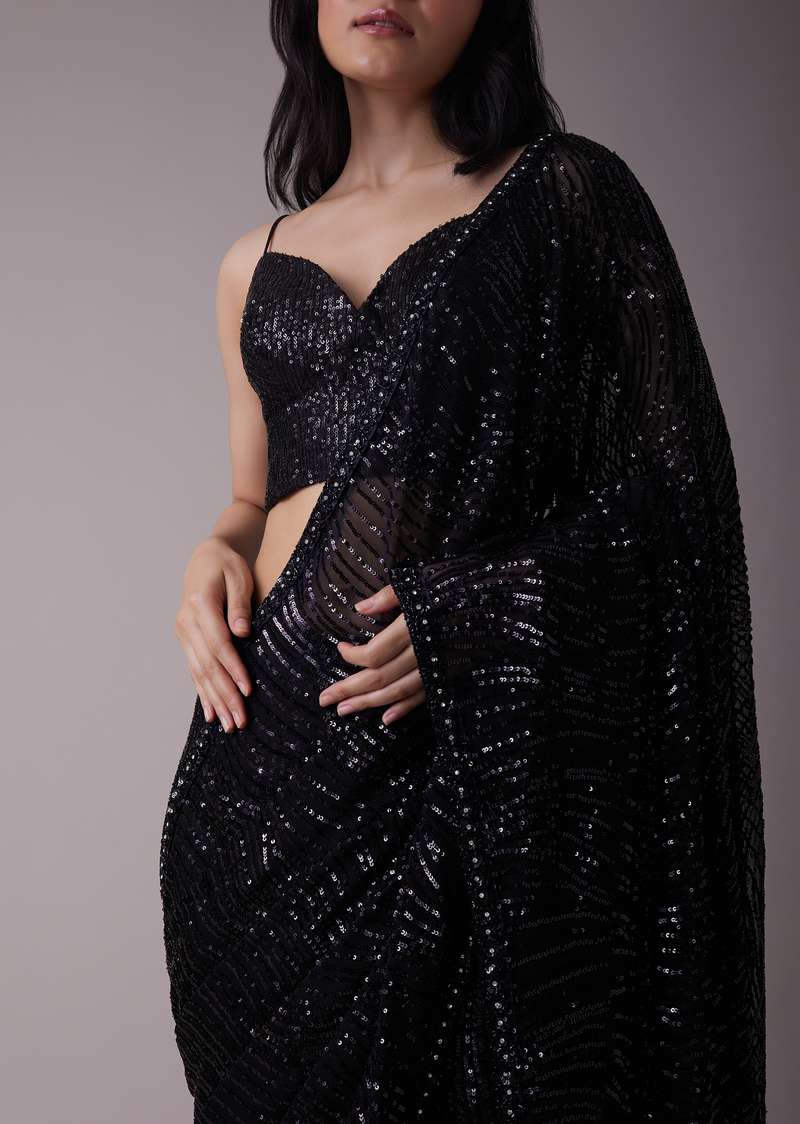 Shimmery Black Sequins Saree With An Embellished Border 