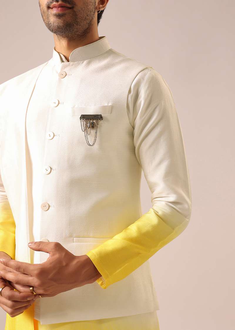 Yellow Jacket And Ombre Kurta Set With Dupatta in Silk